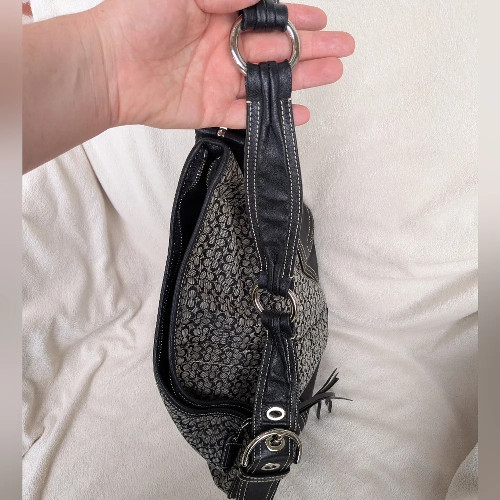 Coach Hobo Bag Signature Mini C Logo Black Gray Canvas Leather Jacquard Shoulder - Picture 4 of 11